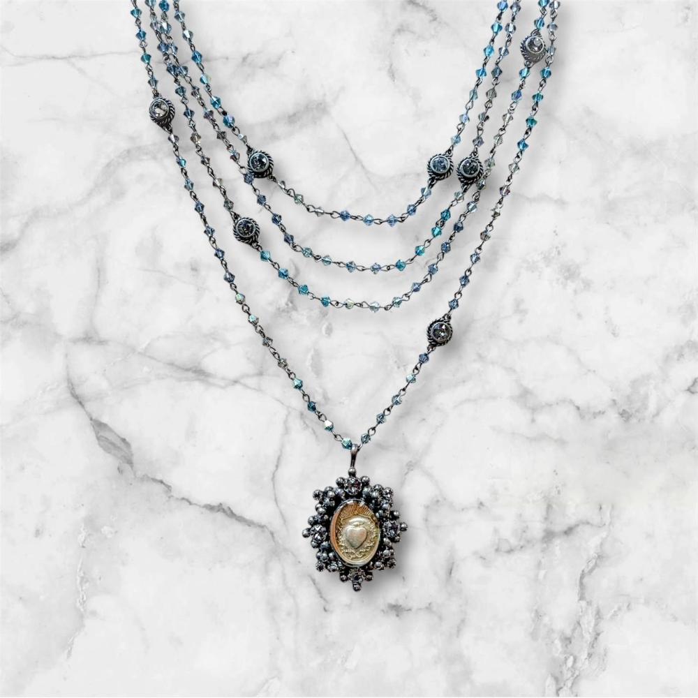 Magdalena - Sacred Heart Pendant Gunmetal Stormy Grey Sky Ombre- Silver Night