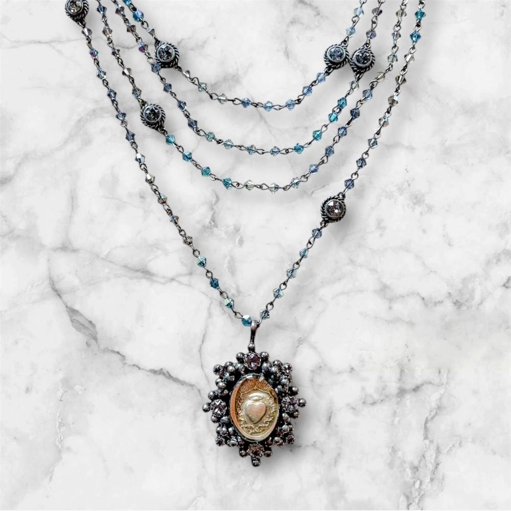 Magdalena - Sacred Heart Pendant Gunmetal Stormy Grey Sky Ombre- Silver Night