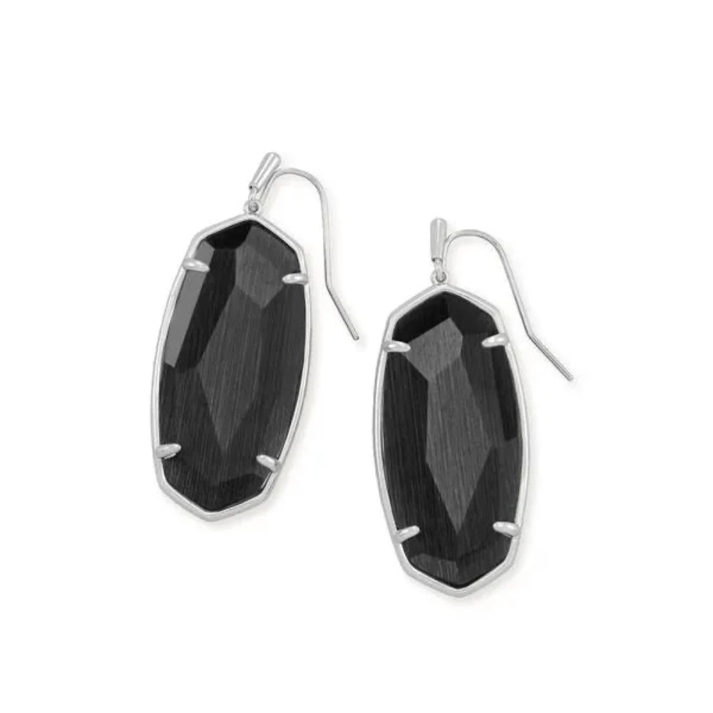 Faceted Elle Faceted Black Cat's Eye in Rhodium Over Brass Earrings