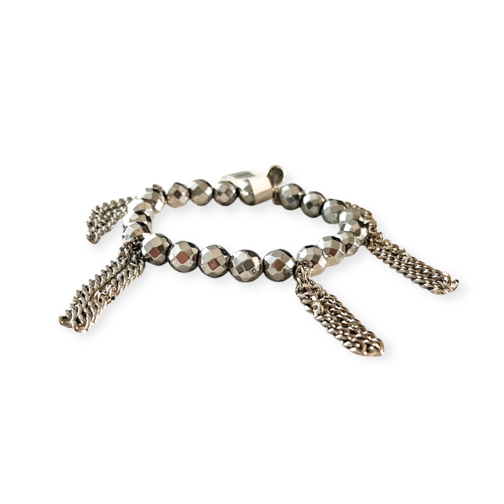 Cha Cha Hematite Silver Metallic Stretch 8mm Bead & Chain Bracelet