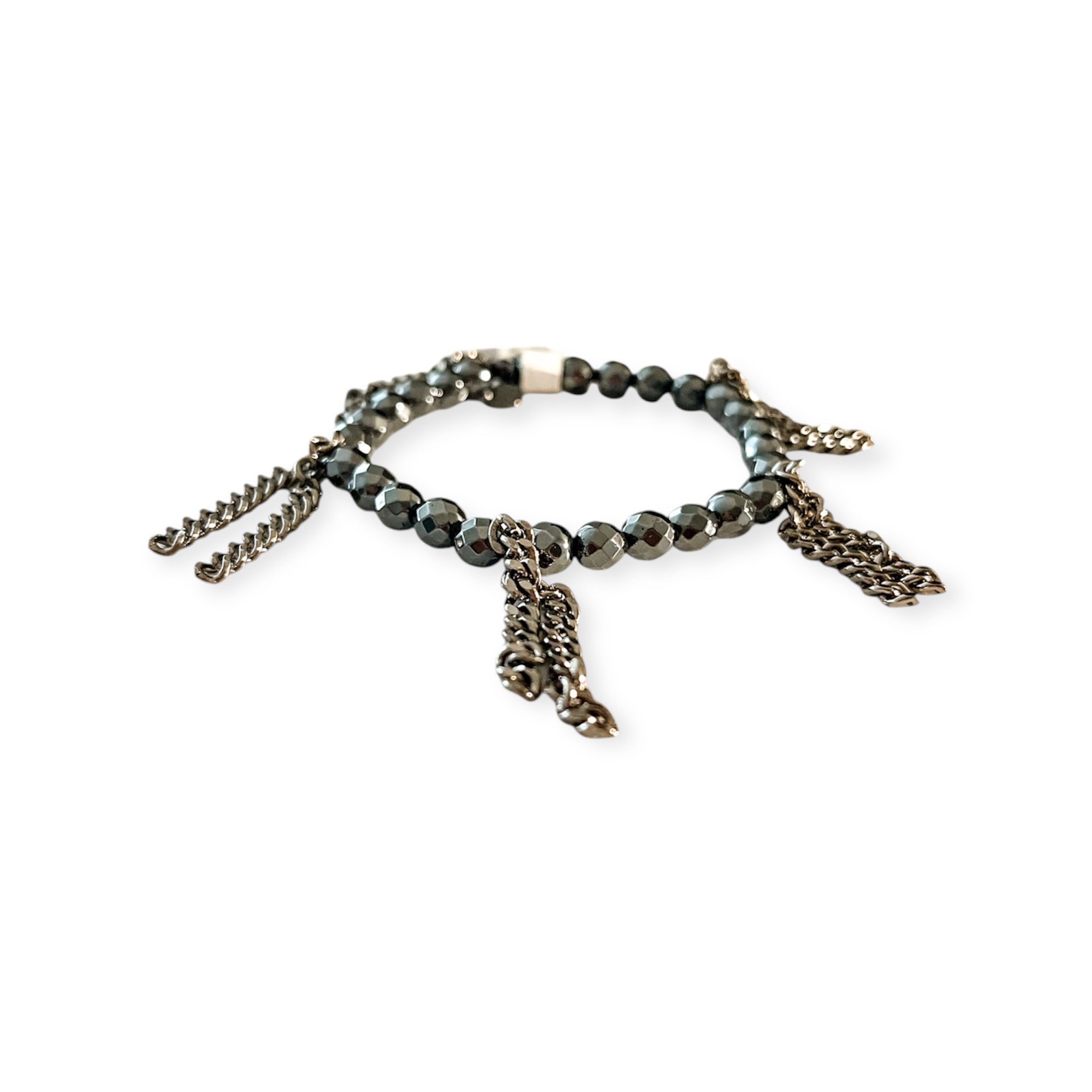 Cha Cha Hematite Metallic Stretch 6mm Bead & Chain Bracelet