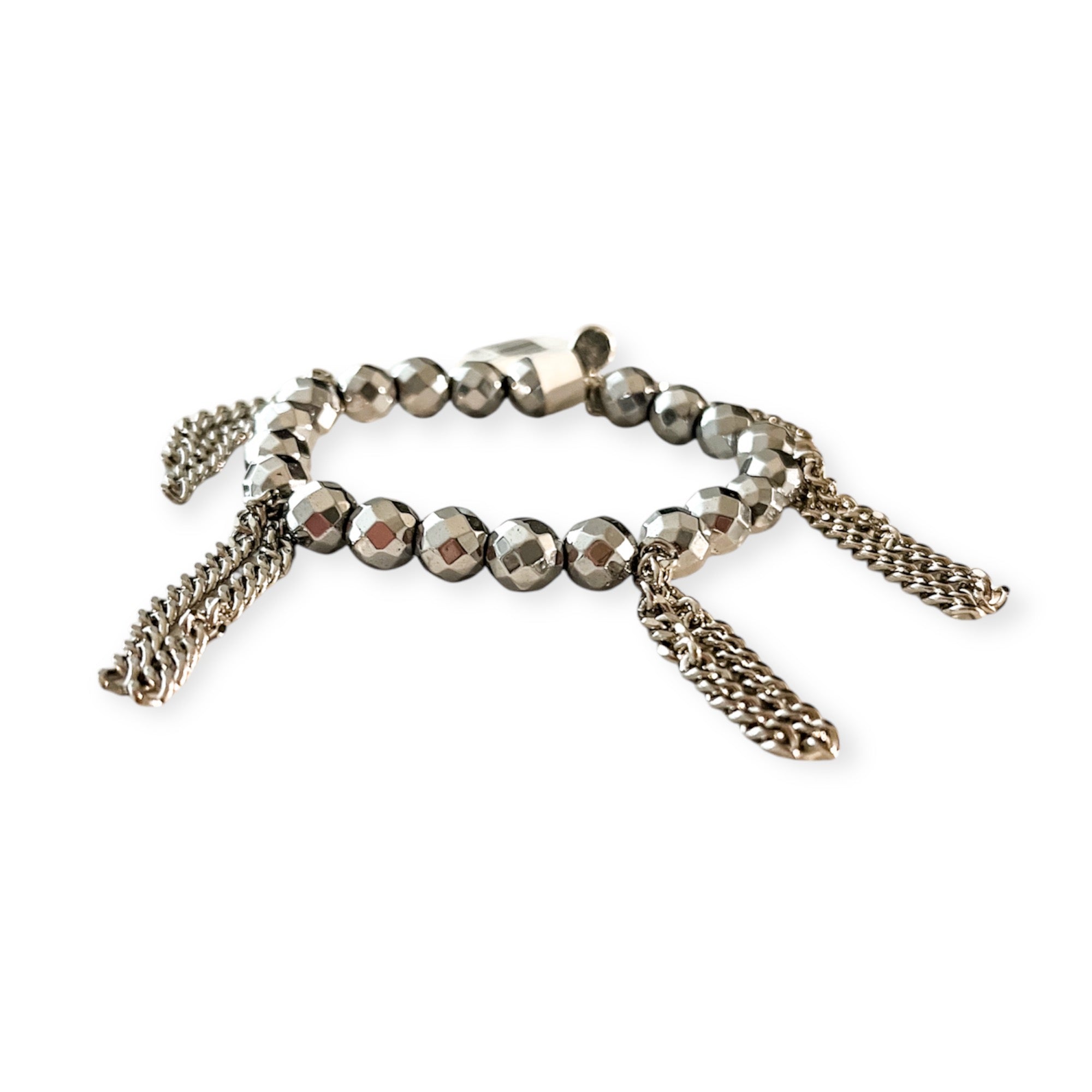 Cha Cha Hematite Silver Metallic Stretch 8mm Bead & Chain Bracelet