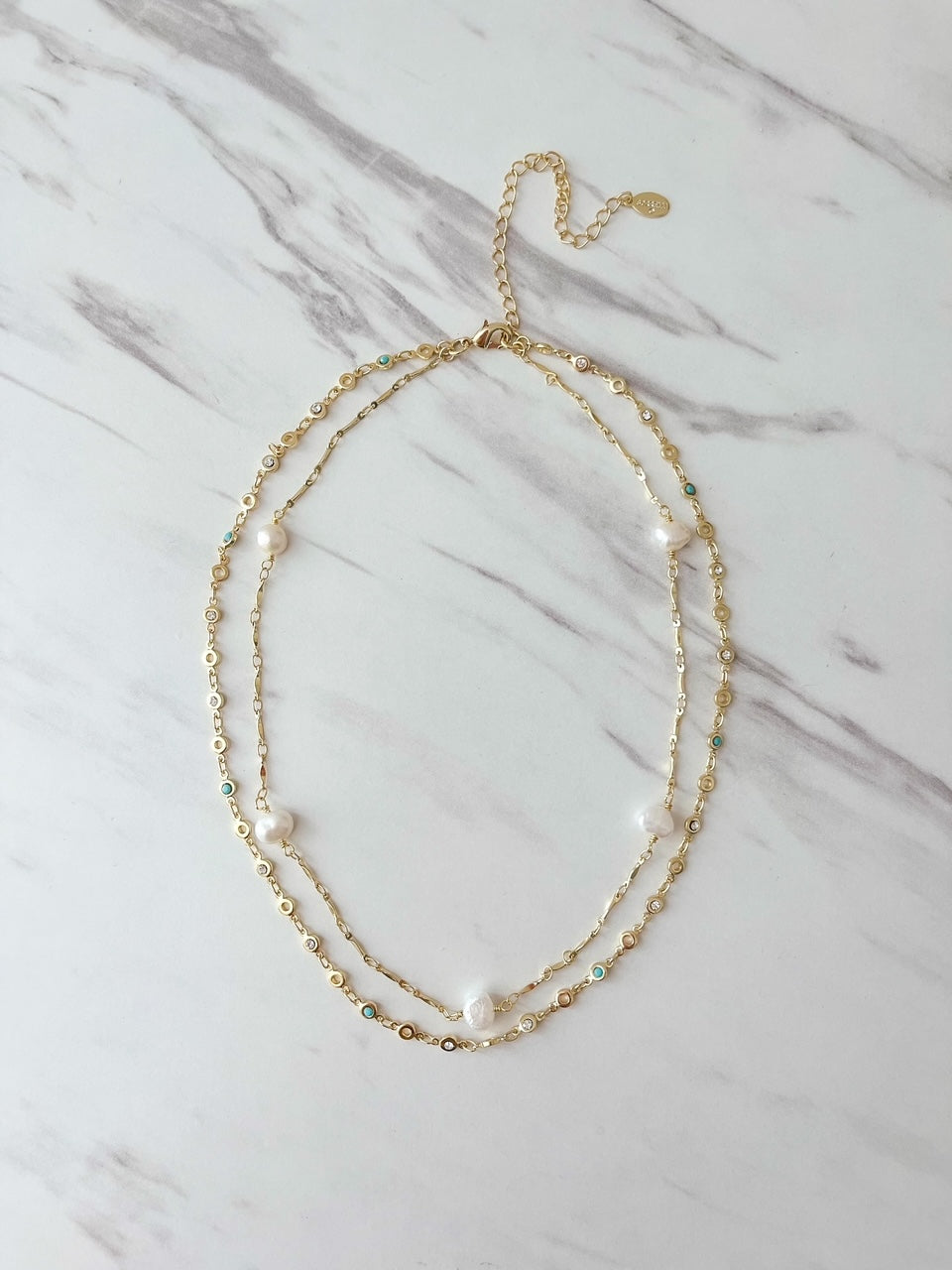 NEC10BGPLP Bright Gold Double Strand Necklace Polished Pearl