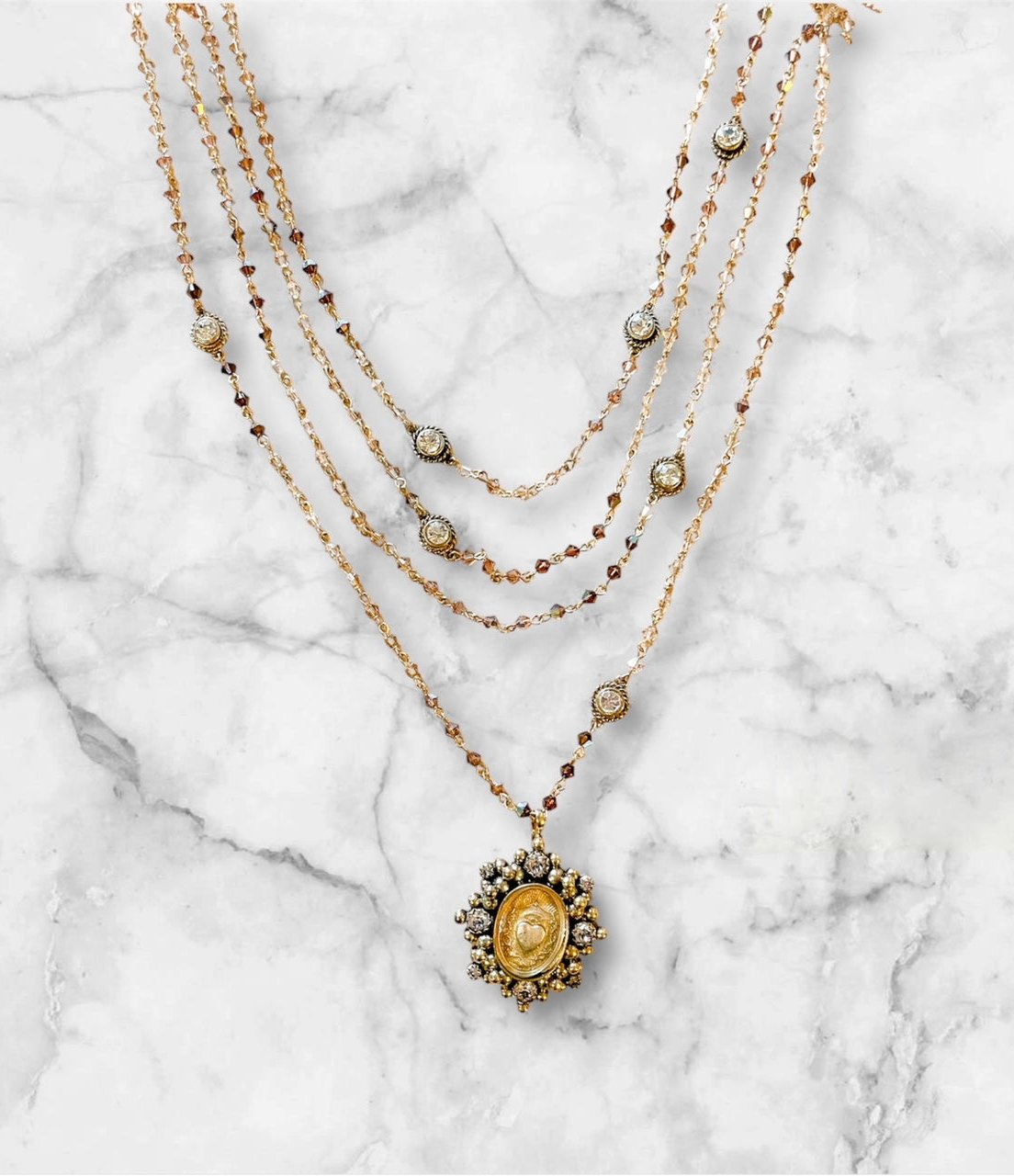 Magdalena - Sacred Heart Pendant 4mm Bicone Bead Wrap Gold Sunset Sky Clear