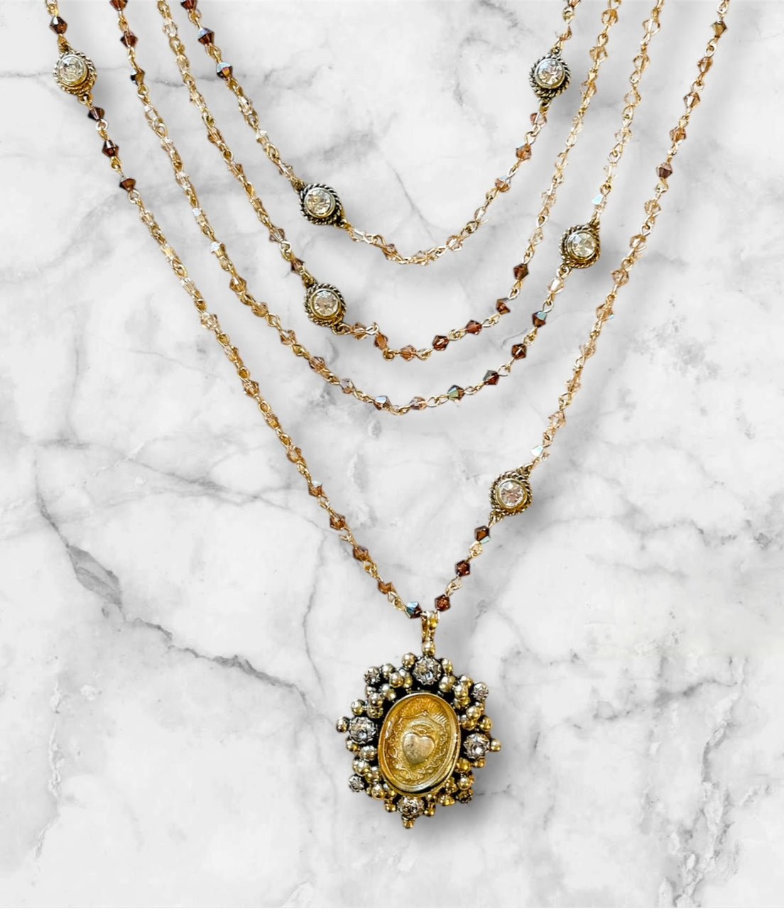 Magdalena - Sacred Heart Pendant 4mm Bicone Bead Wrap Gold Sunset Sky Clear