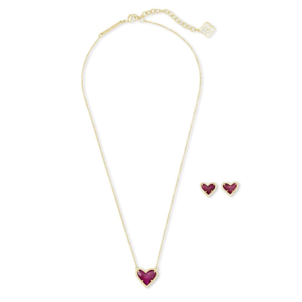 Ari Heart Pendant Necklace and Earrings Set in Raspberry Labradorite - Bella's House Tulsa