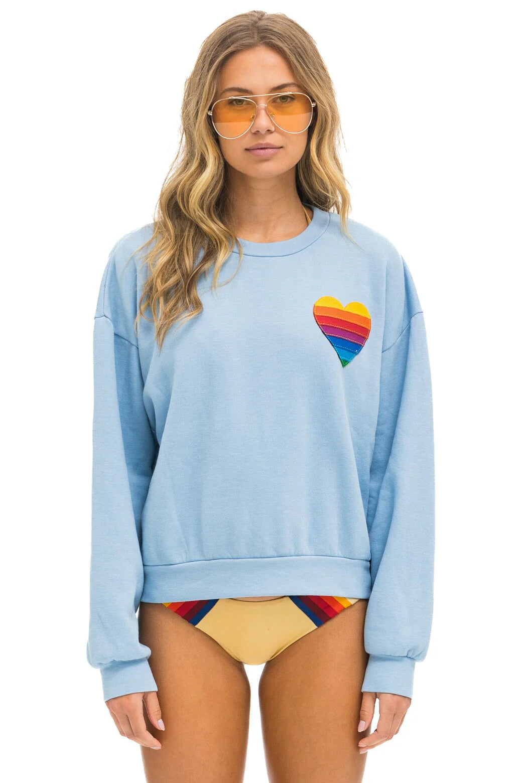 Rainbow Heart Stitch Crew Sweatshirt Relaxed Ice