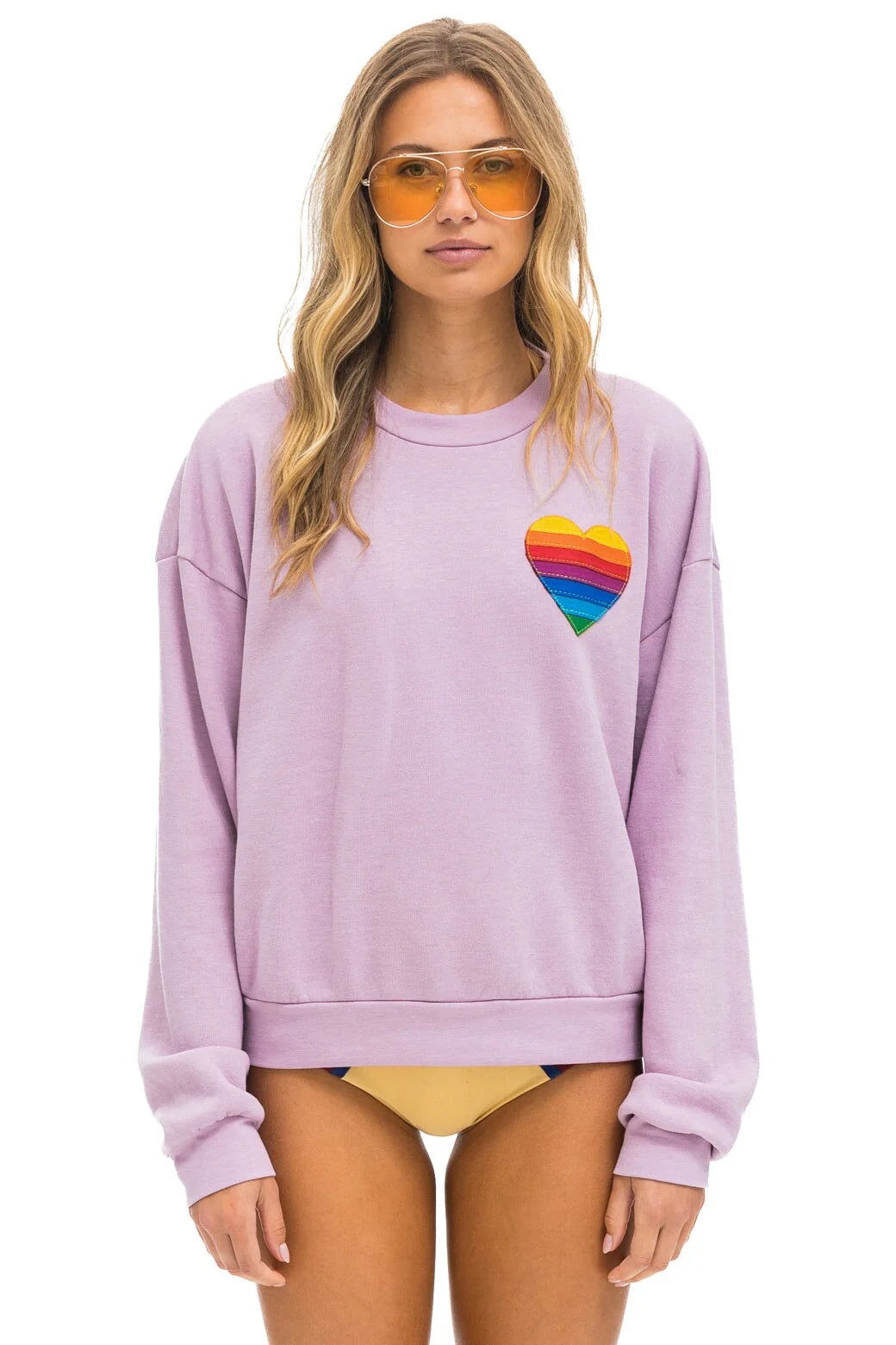 Rainbow Heart Stitch Crew Sweatshirt Relaxed Mauve