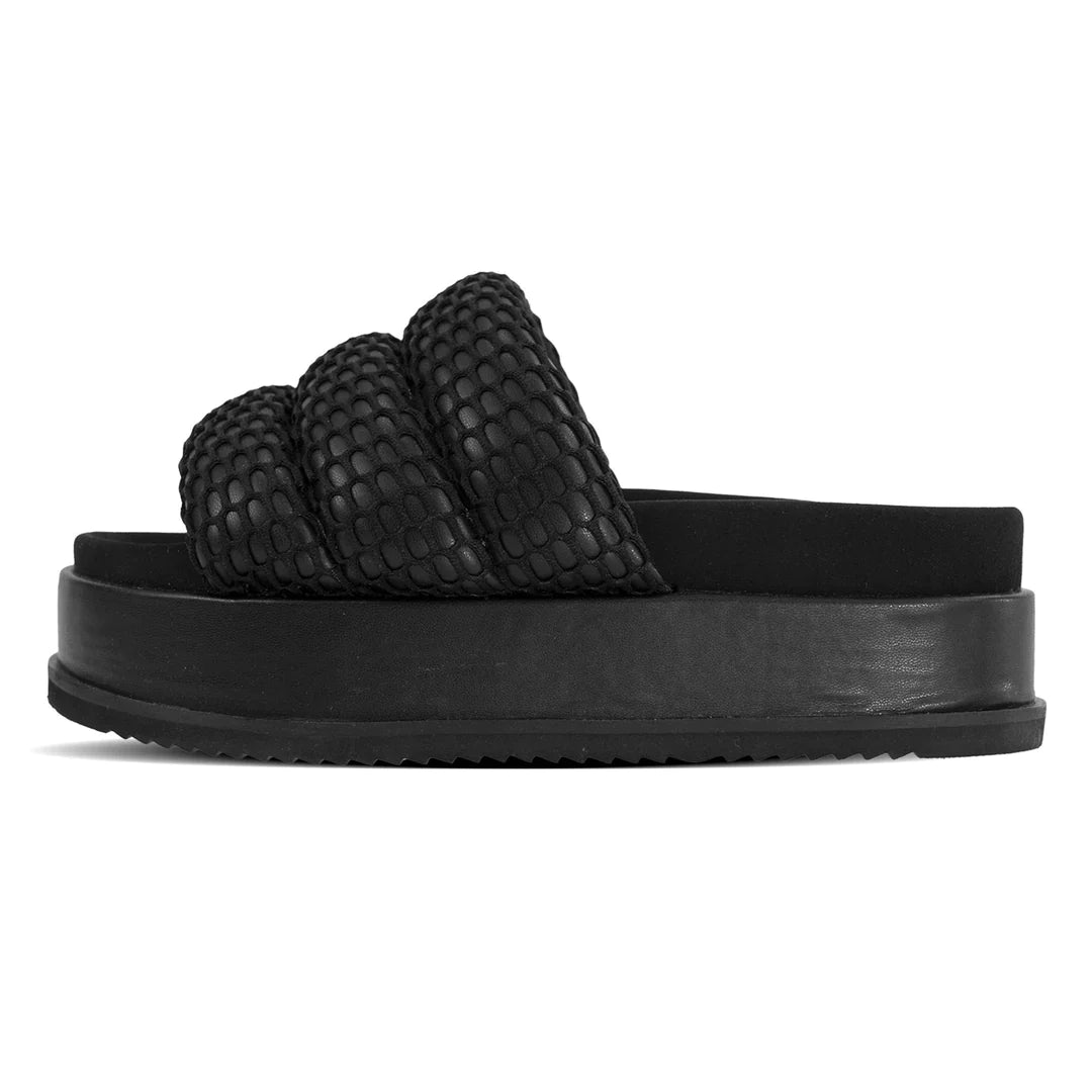 Platform Mesh Puffy Sandals Black Vegan Leather